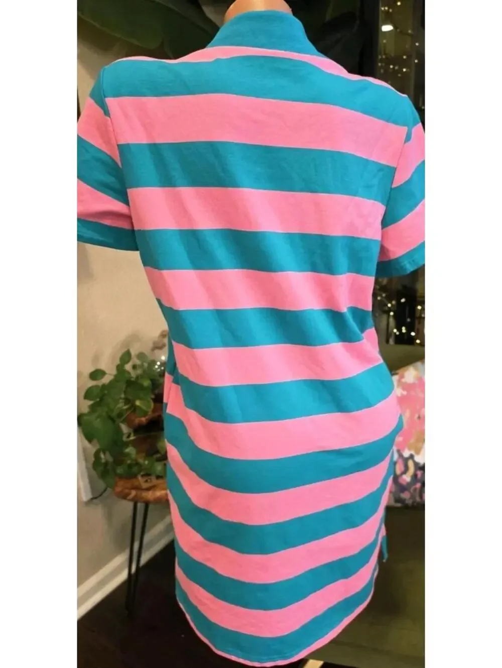 Pink Lily Teal Pink Striped Collared T-Shirt Dress Shift Preppy Knit Mini M - Picture 2 of 8